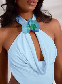Opulessa Baby Blue Halter Top With Draped Front In Knitted Fabric, Backless Halter Top, Fall Winter - Baby Blue - View 3