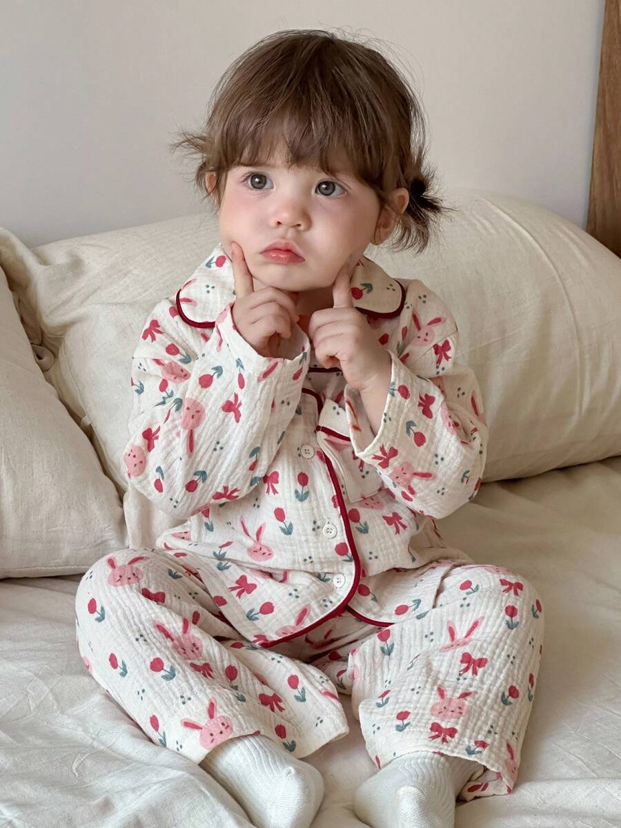 Hapijoa 2 件套女婴卡通印花可爱睡衣，春秋季，幼儿秋季服装 - 淺粉色 - 查看 1