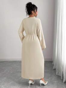 Elenzga 大码女式优雅交叉 V 领腰部褶皱下摆拼接褶皱松紧腰长袖长裙，适合办公室、通勤、法式浪漫下午茶派对