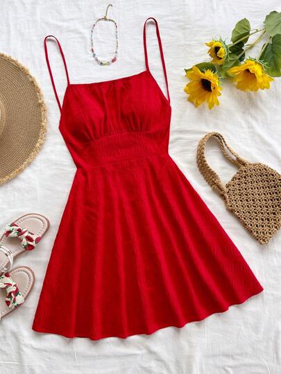 Soleia New Spring/Summer Vacation Spaghetti Strap Red Mini Dress With Chest Details, Suitable For Beach, Festival, Holiday, Boho Vintage Style, Waist Cinched,Rave Outfits Festival,Summer Dresses For Women