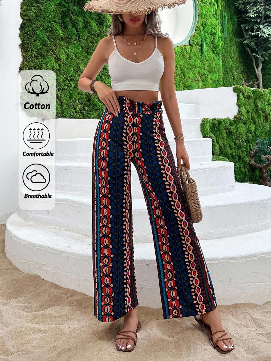 RueChic Stripes And Geometric Pattern Knotted Paperbag Waist Pants - Multicolor - View 1