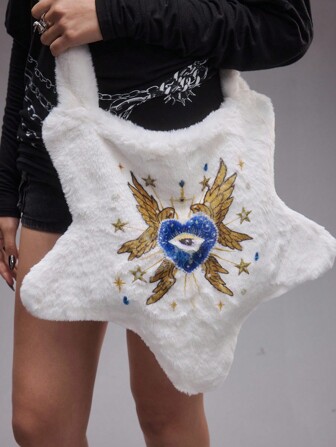 Grunge Punk Bolso bandolera blanco de peluche con estrella, diseño creativo personalizado con cristales de estrella, ojo de corazón azul y alas, estilo sexy Y2K casual para otoño/invierno
