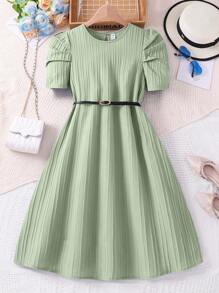 SHEIN Vestido sencillo de manga corta y unicolor para niñas preadolescentes para uso diario - Verde - Ver 6