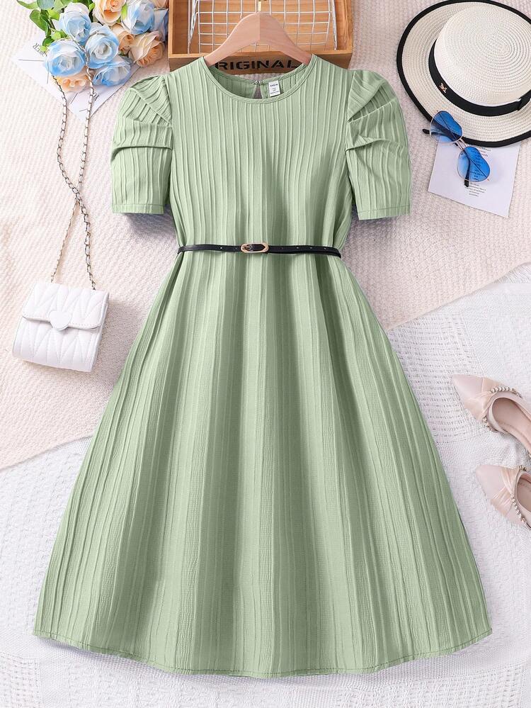 SHEIN Solid Color Simple Daily Short Sleeve Dress For Tween Girls - Green - View 6