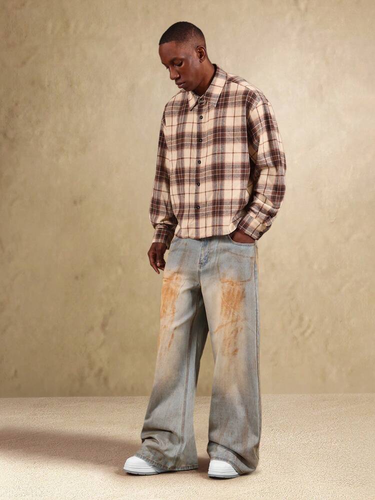 Wide Leg Flared Denim Pants With Vintage Wash