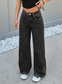 EURMUSE HIGH WAIST WIDE LEG CASUAL STYLE SNOW WASH Women S Clothes Women S Bottoms Women Summer Clothing Wide Leg Jeans Women - Black - View 4