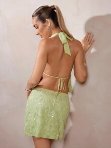 L'Amorae Sexy & eleganter Perlen-Unikat-Design Partykleid für Frauen - Grün - Übersicht 6