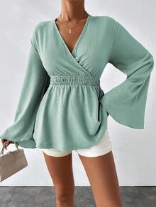 SHEIN LUNE VCAY女士深V領後綁帶聚集腰部特殊夏季面料上衣 - 綠色 - 查看 3