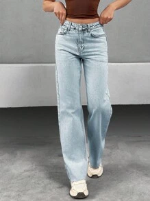 SHEIN Cottnline High Waist Straight Leg Woman Denim Jean Women's Outfits Work Outfits For Women Women's Women's Set Women's Clothes Women Summer Clothing Women's Bottoms Women's Summer Clothes - Light Wash - View 5