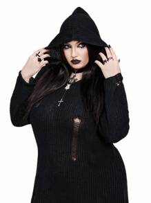 SHEIN Whyspr Vestido de punto con capucha de unicolor y efecto desgastado de estilo oscuro y de moda para tallas grandes - Negro - Ver 7