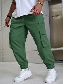 Manfinity Homme Plus Size Men's Drawstring Waist Cargo Pocket Casual Jogger Pants, For Fall - Green - View 6