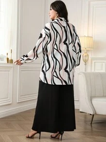 SHEIN Clasi 2pcs/Set Plus Size Casual All-Over Print Drop Shoulder Lantern Sleeve Shirt And Wide Leg Pants, Business Casual Women Outfit, Abstract Print Long-Sleeve Shirt & Wide-Leg Pants Set, Everyday Wear, Business Casual Wear