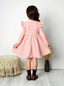 SHEIN 年轻女孩休闲复古优雅立领纹理提花纽扣系带长袖宽裙连衣裙。长袖连衣裙。秋季连衣裙。派对连衣裙。简单休闲，可爱优雅。秋季连衣裙。日常穿着。适合秋冬。 - 粉色 - 查看 9