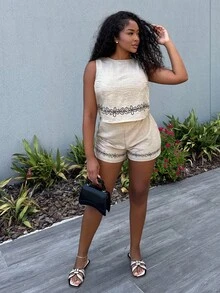 Alexandranx Conjunto de dos piezas de mujer tejido, casual, de verano, para vacaciones - Albaricoque - Ver 6