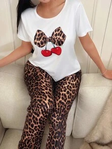 Women's Casual Leopard Print & Cherry Graphic Short Sleeve Pajama Set Women Pajama Set Leopard Pajama Set Leopard Pajamas Women Animal Print Pajama Set Cherry Print Pajamas - Multicolor - View 4