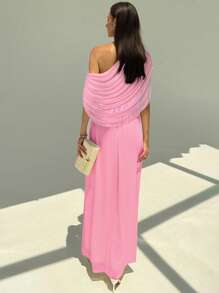 Aloruh New Draped Shoulder Ruched Decor Slim Fit Extra Long Flowy Maxi Party Vacation Versatile Lightweight Dress - Baby Pink - View 2