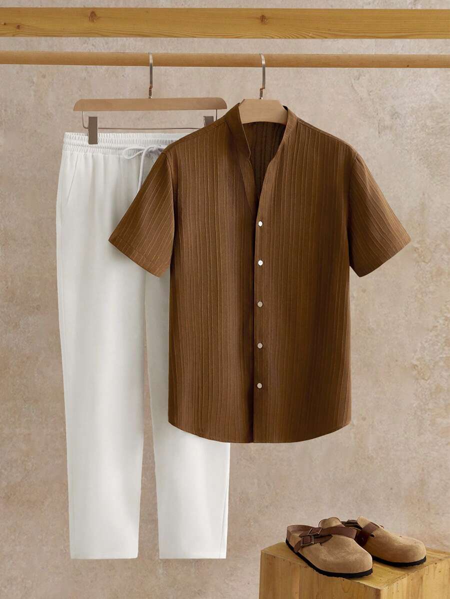 HIMLAND 2 件男士休闲立领 V 领短袖衬衫上衣和下装套装，亚麻夏季套装，老式舒适服装