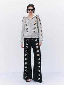 LYSMO 女士时尚前卫镂空设计灰色连帽衫，秋冬款 - 灰色 - 查看 5