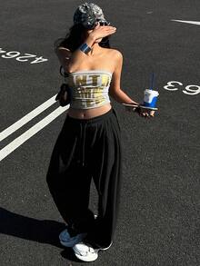 DAZY Women's Solid Color Loose Pleated Pants, Casual Sports Street Style, Thermal Lined, Autumn/Winter Sweatpants