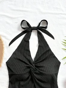 Soleia 2pcs Women Solid Color Twist Knot Hem Halter Top And Shorts Set Women's Summer Set Women Costume  Beach Outfit For Women Vacation Outfits For Women Casual - Black - View 4