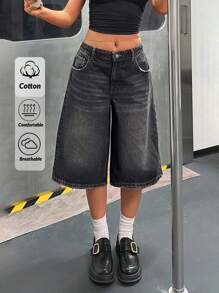 CasuGlow Women's Pocketed Wide Leg Loose Casual Versatile Denim Shorts - Black - View 1