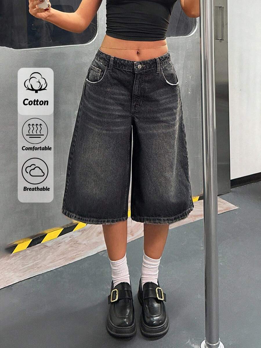 CasuGlow Women's Pocketed Wide Leg Loose Casual Versatile Denim Shorts - Black - View 1