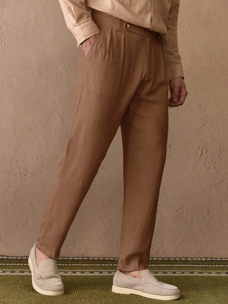 Mainfolk Men's Casual Woven Tapered Suit Pants Brown Dress Pants Pleated Pants High Waisted Pants Manfinity Pants Designer Pants, Old Money - Khaki - View 1