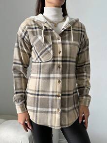 SHEIN Cottnline Cotton Ladies' Plaid Drawstring Hooded Regular-Fit Jacket - Multicolor - View 4
