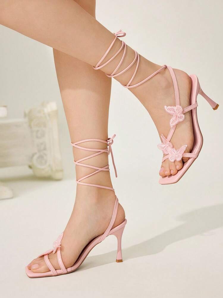 CUCCOO CHICEST Women's Elegant Butterfly Strap Criss-Cross Ankle Strap Square Toe Stiletto High Heel Sandals, Faux Leather, Shallow Pink, Suitable For Formal, Date, Party, Beach, Vacation