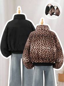 2-In-1 Black Leopard Print Padded Coat For Teen Girl Minimalist, Comfortable And Fashionable, Short Style, Suitable For Pre-Teen Girls Fall Winter - Multicolor - View 2