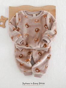 Cozy Pixies 2pcs Baby Boy Cartoon Bear Pattern Knit Soft Crew Neck Long Sleeve Pullover Top And Elastic Waist Pants Set Fall Winter