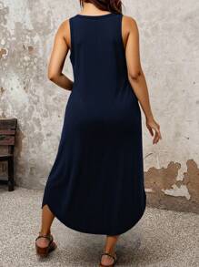 EMERY ROSE 2025 Summer New Arrival Round Neck Sleeveless Dress Women, European & American Style Leopard Print Hem Side Slit Pullover Top - Navy Blue - View 2