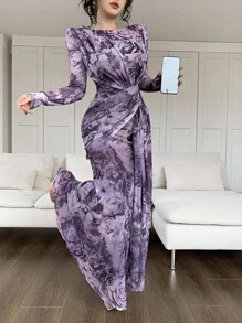 Feyla Women's Floral Print Round Neck Long Sleeve Twist Waist Elegant Dress - Purple - View 5