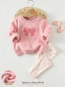 Cozy Pixies 2pcs Baby Girl Bow Knit Soft Round Neck Long Sleeve Pullover Sweatshirt And Elastic Waist Leggings Set Fall Winter