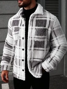 Manfinity CasualCool Men's Plaid Long Sleeve Single-Breasted Pocket Casual Fleece Jacket Fuzzy Jacket , Fall/Winter - Multicolor - View 1