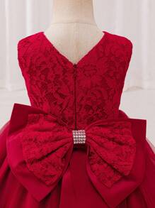 Glamorique Kids 女婴优雅蕾丝撞色网眼蝴蝶结装饰公主裙 - 酒紅色 - 查看 3