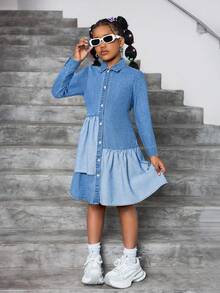 SHEIN Tween Girls Fashion Casual Y2k Vintage Cool Street Returns To School College Short Denim Long-Sleeved Shirt Dress With A Deep And Light Blue Color Contrast Design For Tween Girl Clothes Tween Girls Costume Dailywear And Tween Girl Winter And Fall Rave Outfits Festival And Outfits Streetwear School Clothes