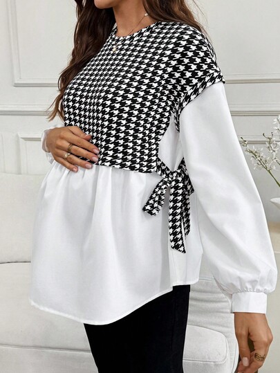 SHEIN Fall Clothes,Autumn Clothes,Maternity Autumn Clothes Maternity Maternity Casual Commuter Houndstooth Patchwork 2 In 1 Shirt Maternity Blouse Houndstooth Blouse Long Sleeve Blouse Tie Side Blouse Blouses For Women