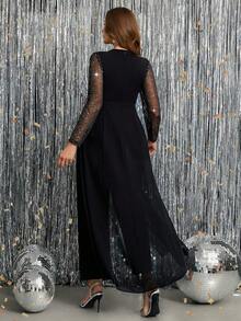 Ellevyn 大码优雅派对亮片和水钻装饰连体裤 - 黑色 - 查看 3