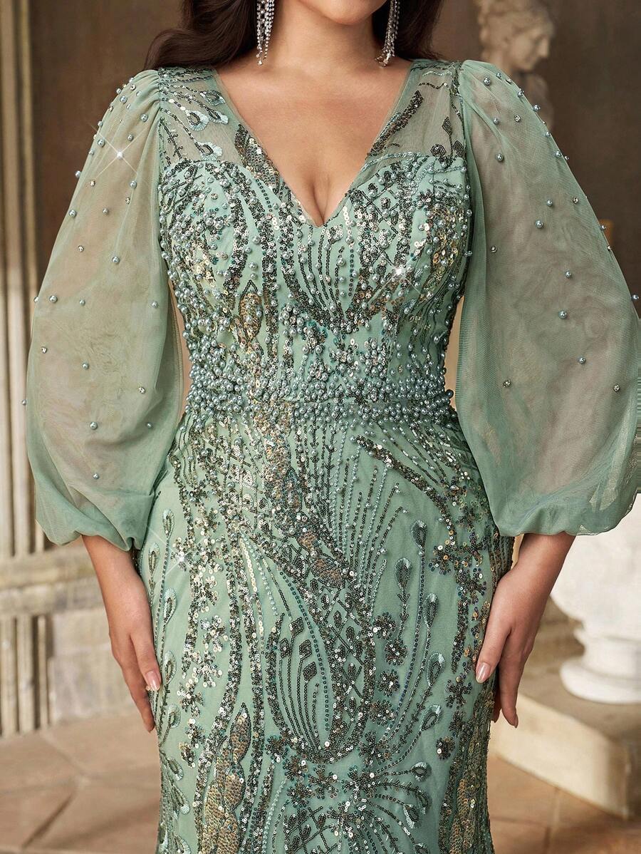 Aureia Đầm dạ hội cỡ lớn dành cho mùa thu đông, thanh lịch, lộng lẫy, màu xanh lá cây, thêu sequin, cổ chữ V, đính cườm, tay phồng, dáng ôm, đuôi cá, thích hợp cho bữa tối, tiệc độc thân, hẹn hò, khiêu vũ, lễ hội, đám cưới, sự kiện (kiểu dáng cầu kỳ), ngày Valentine.