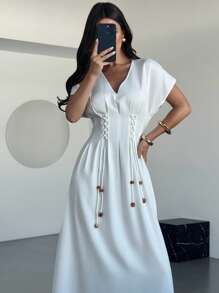 Firerie Vestido largo elegante con cintura anudada para mujer - Blanco - Ver 4