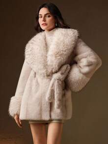 Anewsta 女士优雅仿皮草领收腰时尚仿皮草外套 - 杏色 - 查看 6