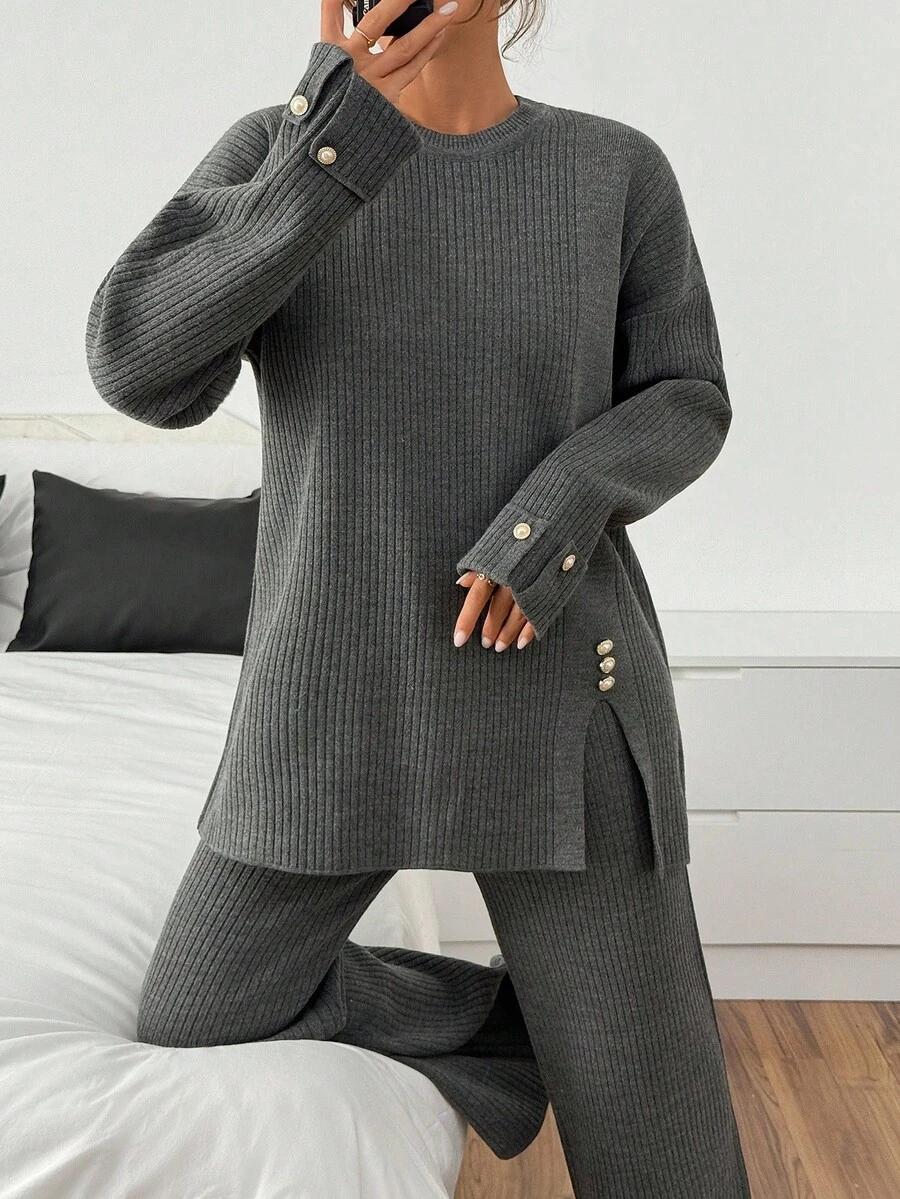 EURMUSE Charcoal Ribbed Knit Co-Ord Set With Pearl Button Detail On Sleeve And Wide-Leg Pants 2 Piece Ribbed Knit Set Two Piece Sweater Sets For Women Womens Two Piece Knit Sets 2 Piece Knit Set Women Ribbed Knit Two Piece Set Knit Two Piece Pants Set,Winter Clothes - Dark Grey - View 1