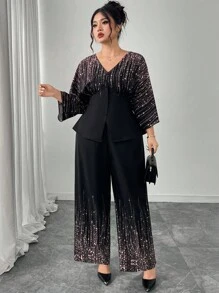 Modelyn 2件套加大码女式星星印花蝙蝠袖上衣和裤子套装 - 彩色 - 查看 5