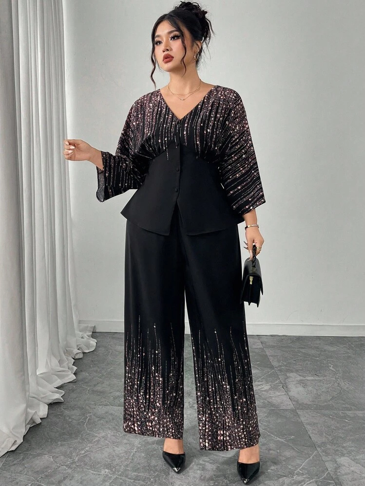 Modelyn 2pcs Plus Size Women Star Print Batwing Sleeve Top And Pants Set - Multicolor - View 5