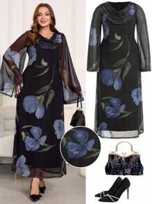 Gownix Plus Size Elegant Floral Print Fitted Black,Autumn,Elegant,Formal,Evening,Formal Maxi Dress,Long Sleeve Fall Winter Clothes For Women,Party - Multicolor - View 2