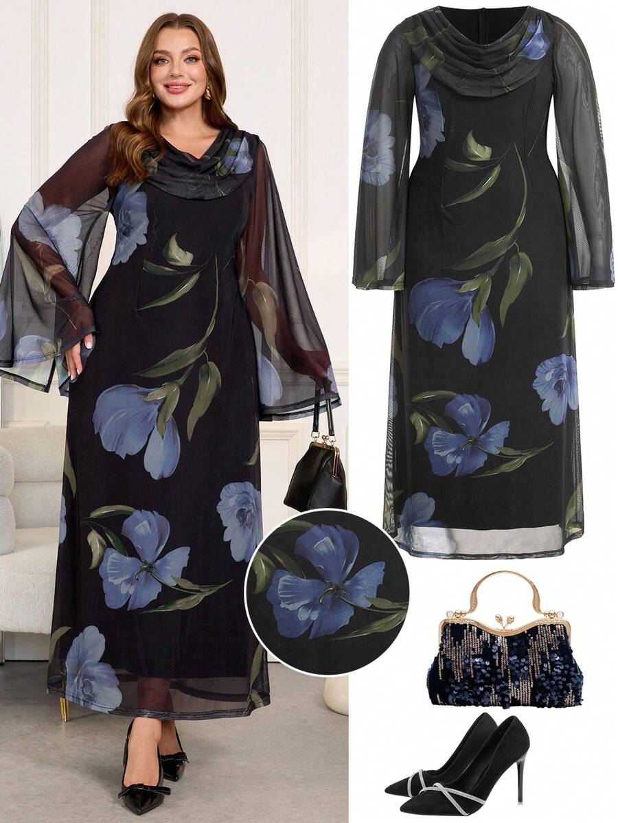 Gownix Plus Size Elegant Floral Print Fitted Black,Autumn,Elegant,Formal,Evening,Formal Maxi Dress,Long Sleeve Fall Winter Clothes For Women,Party