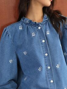 K-Vae 女士秋冬刺绣荷叶边牛仔衬衫，羊腿袖衬衫，乡村风格衬衫，万圣节服装，别致秋季 - 淺色水洗藍 - 查看 1