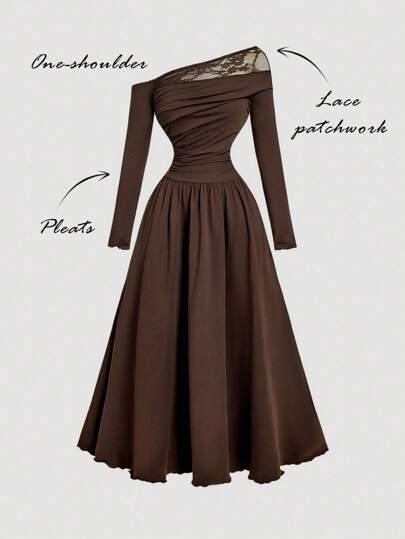 SHEIN MOD فستان نسائي بفتحة الكتف مرقع بالدانتيل البني، فستان بني أنيق، عودة إلى المدرسة، ملابس نسائية للخريف، ملابس غربية للنساء، بوهيمي، ملابس الرقص، عودة إلى المدرسة، ملابس هالوين، ملابس حفلات الموسيقى الريفية، فستان ضيف حفل زفاف الخريف، ملابس الحفلات