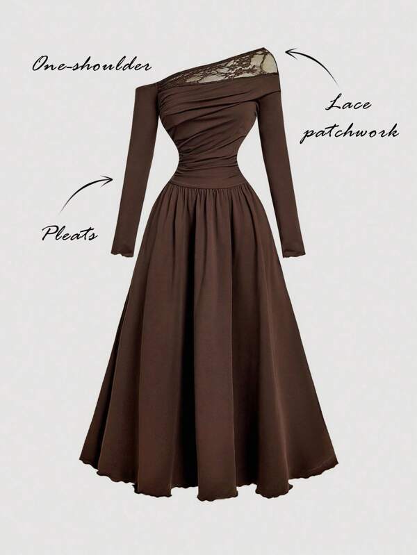 SHEIN MOD فستان نسائي بفتحة الكتف مرقع بالدانتيل البني، فستان بني أنيق، عودة إلى المدرسة، ملابس نسائية للخريف، ملابس غربية للنساء، بوهيمي، ملابس الرقص، عودة إلى المدرسة، ملابس هالوين، ملابس حفلات الموسيقى الريفية، فستان ضيف حفل زفاف الخريف، ملابس الحفلات